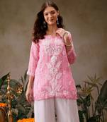 Hand embroidered bandhani printed pink kota lucknowi chikankari short kurti with slip