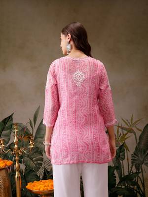 Hand embroidered bandhani printed pink kota lucknowi chikankari short kurti with slip 2