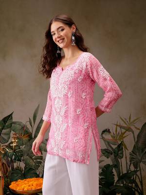 Hand embroidered bandhani printed pink kota lucknowi chikankari short kurti with slip 3