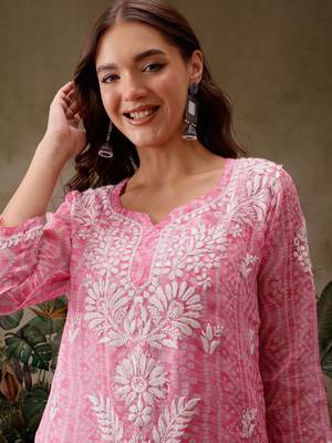 Hand embroidered bandhani printed pink kota lucknowi chikankari short kurti with slip 4
