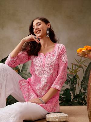 Hand embroidered bandhani printed pink kota lucknowi chikankari short kurti with slip 5