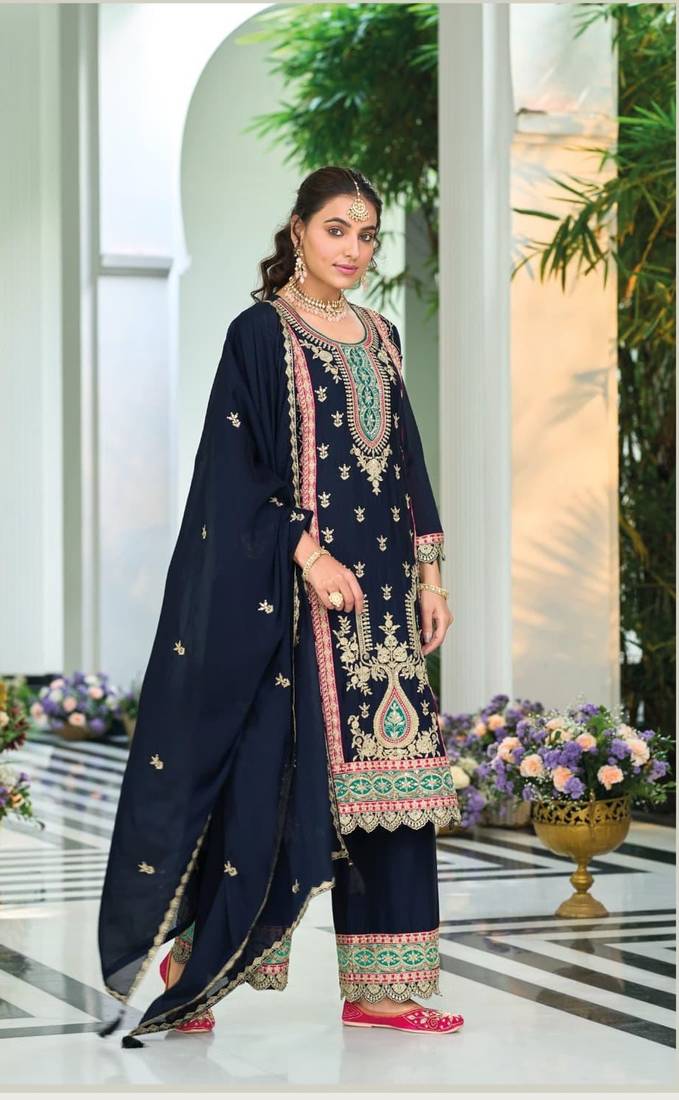 NAVY BLUE PARTY WEAR CHINON SALWAR SUIT 