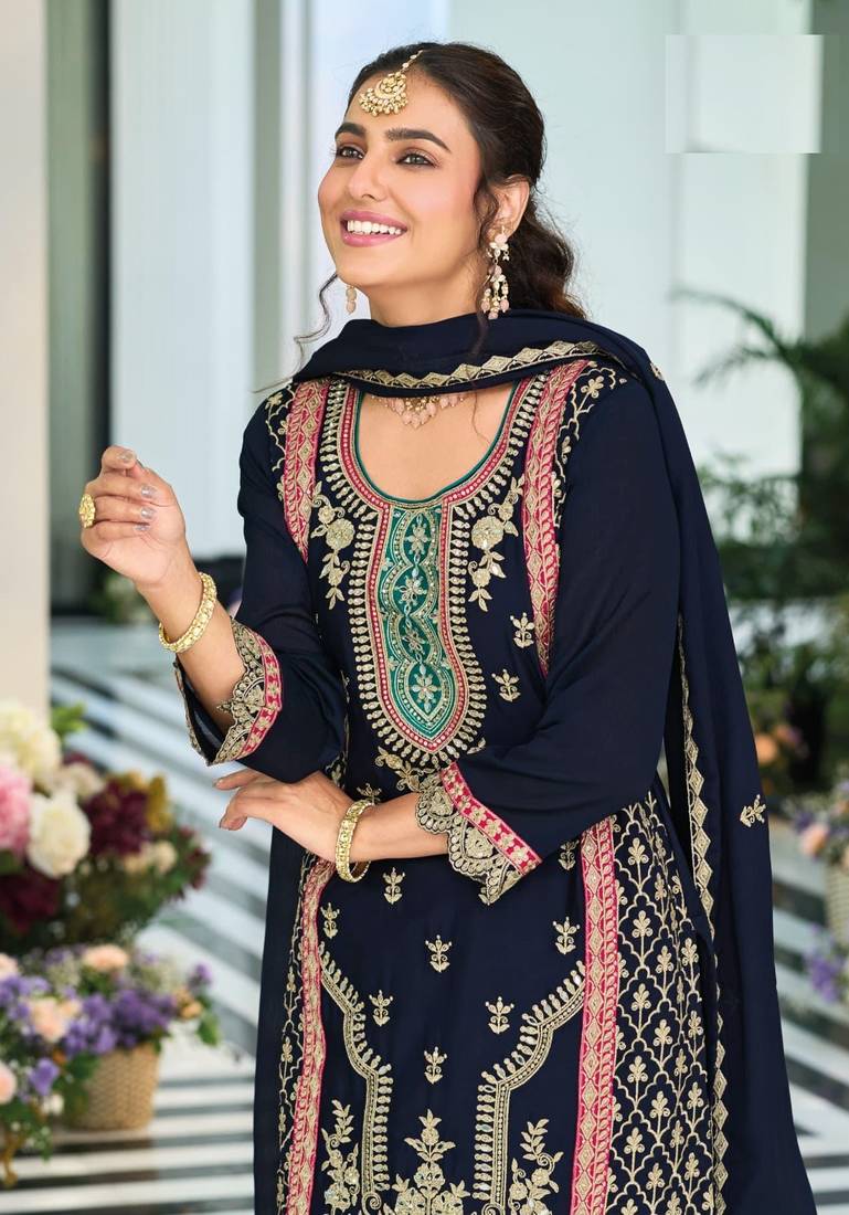 NAVY BLUE PARTY WEAR CHINON SALWAR SUIT 