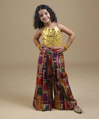 Yellow hand embrodiered halter top with pleated pant 1