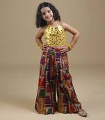 Yellow hand embrodiered halter top with pleated pant