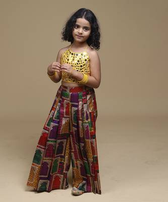 Yellow hand embrodiered halter top with pleated pant 5