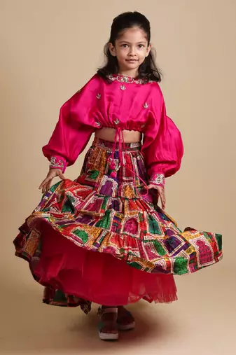Pink hand embroidered top with lehenga