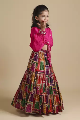 Pink hand embroidered top with lehenga