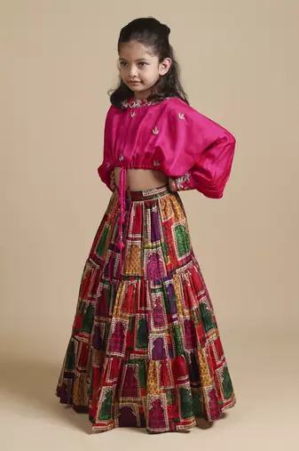 Pink hand embroidered top with lehenga