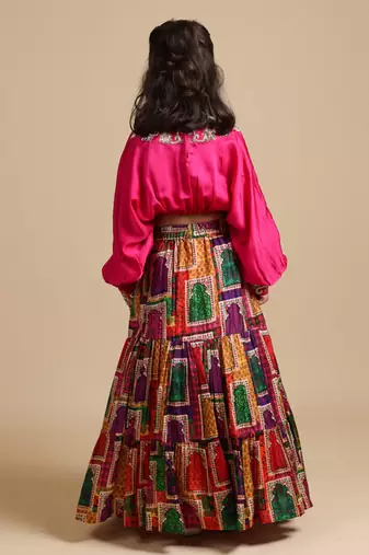 Pink hand embroidered top with lehenga