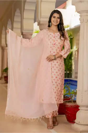Orange floral printed regular kurta with palazzos  dupatta