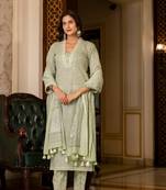 Green printed cotton long kurta set