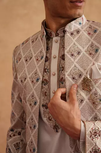 Rose gold indowestern with multi color thread embroidery on silk
