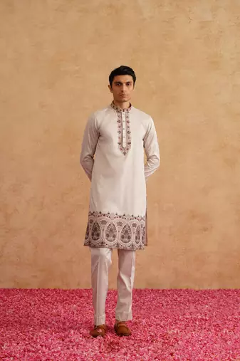 Rose gold indowestern with multi color thread embroidery on silk