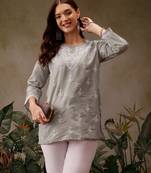Hand embroidered grey muslin lucknowi chikankari short kurti