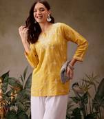 Hand embroidered yellow muslin lucknowi chikankari short kurti