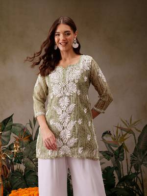 Hand embroidered bandhani printed olive green kota lucknowi chikankari short kurti with slip 1