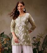 Hand embroidered bandhani printed olive green kota lucknowi chikankari short kurti with slip
