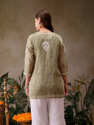 Hand embroidered bandhani printed olive green kota lucknowi chikankari short kurti with slip 3