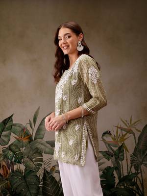 Hand embroidered bandhani printed olive green kota lucknowi chikankari short kurti with slip 4