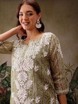 Hand embroidered bandhani printed olive green kota lucknowi chikankari short kurti with slip 5