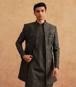 charcoal grey indowestern with thread and sequins embroidery