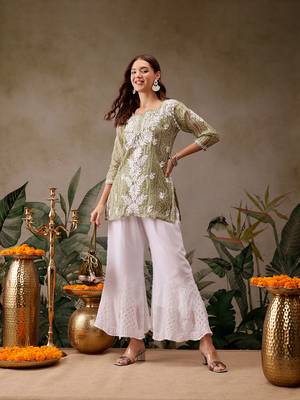 Hand embroidered bandhani printed olive green kota lucknowi chikankari short kurti with slip 6