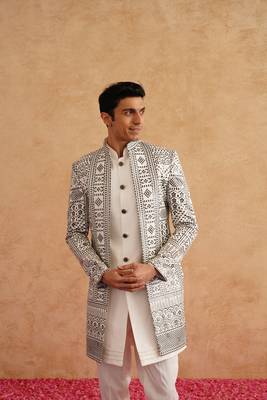 White indowestern with black thread embroidery on silk 1