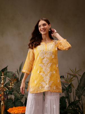 Hand embroidered bandhani printed yellow kota lucknowi chikankari short kurti with slip 1