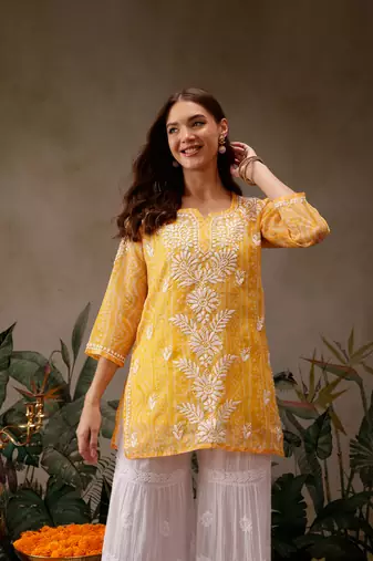 Hand embroidered bandhani printed yellow kota lucknowi chikankari short kurti with slip