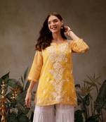 Hand embroidered bandhani printed yellow kota lucknowi chikankari short kurti with slip