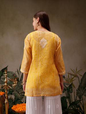 Hand embroidered bandhani printed yellow kota lucknowi chikankari short kurti with slip 2