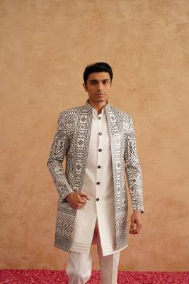 White indowestern with black thread embroidery on silk 2