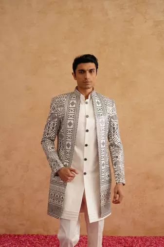 White indowestern with black thread embroidery on silk