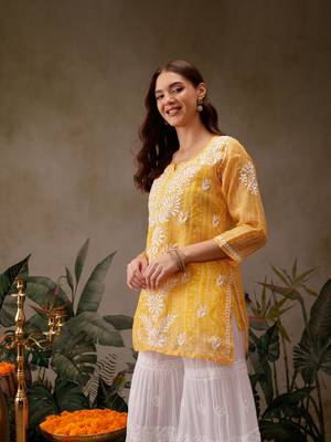 Hand embroidered bandhani printed yellow kota lucknowi chikankari short kurti with slip 3