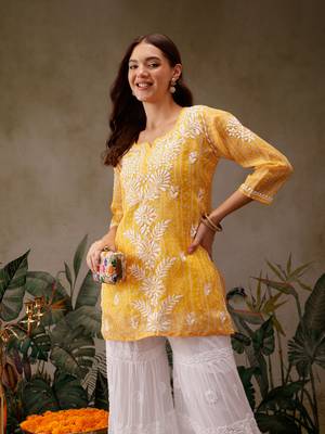 Hand embroidered bandhani printed yellow kota lucknowi chikankari short kurti with slip 4