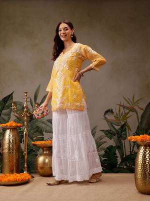Hand embroidered bandhani printed yellow kota lucknowi chikankari short kurti with slip 5