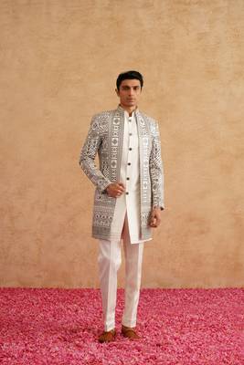 White indowestern with black thread embroidery on silk 3