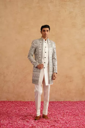 White indowestern with black thread embroidery on silk