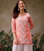 Hand embroidered bandhani printed peach kota lucknowi chikankari short kurti with slip