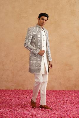 White indowestern with black thread embroidery on silk 4