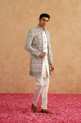 White indowestern with black thread embroidery on silk