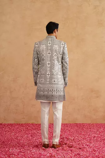 White indowestern with black thread embroidery on silk
