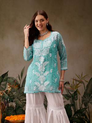 Hand embroidered bandhani printed turquoise kota lucknowi chikankari short kurti with slip 1