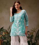Hand embroidered bandhani printed turquoise kota lucknowi chikankari short kurti with slip