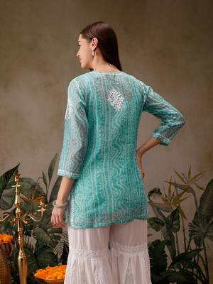 Hand embroidered bandhani printed turquoise kota lucknowi chikankari short kurti with slip 2