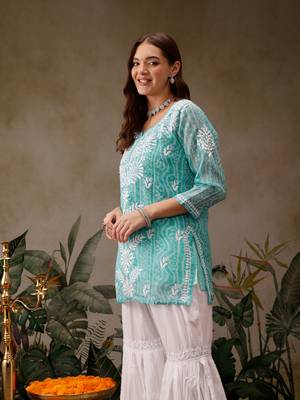 Hand embroidered bandhani printed turquoise kota lucknowi chikankari short kurti with slip 3