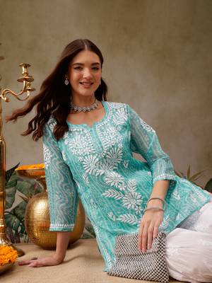 Hand embroidered bandhani printed turquoise kota lucknowi chikankari short kurti with slip 4