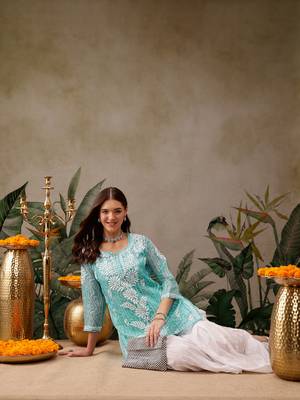 Hand embroidered bandhani printed turquoise kota lucknowi chikankari short kurti with slip 5