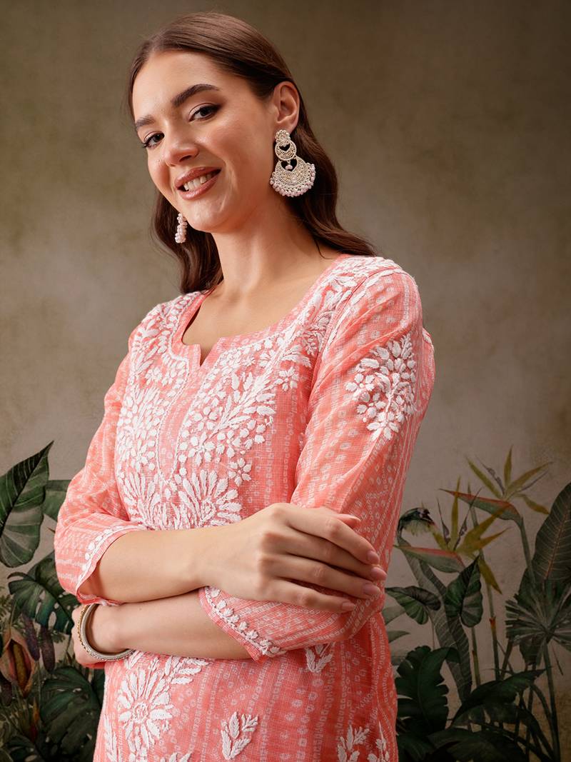 Hand embroidered bandhani printed peach kota lucknowi chikankari short kurti with slip